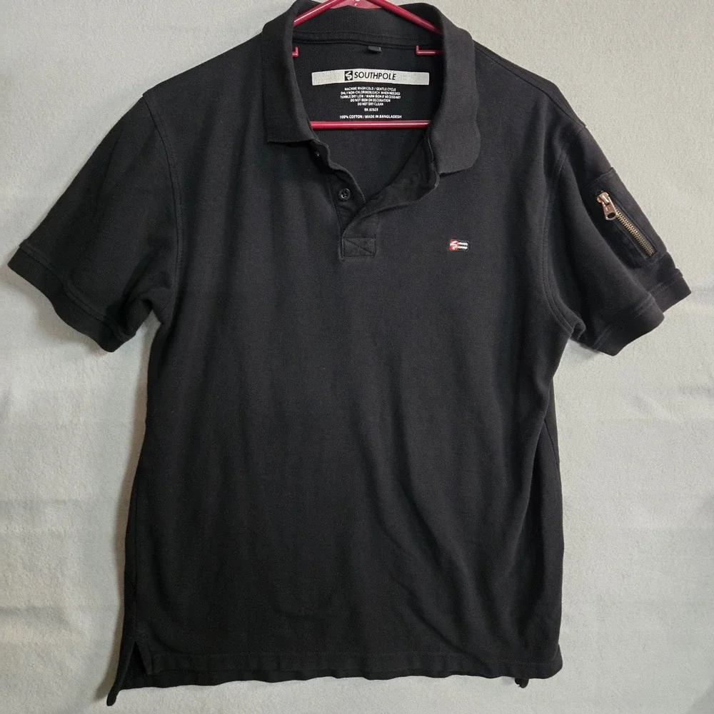 Southpole Polo Shirt Large Black Zip Sleeve‎ Short Sleeve Cotton Streetwear